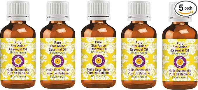 dève herbes Pure Star Anise Essential Oil (lllicium verum) Steam Distilled (Pack of Five) 100ml X 5 (16.9 oz)