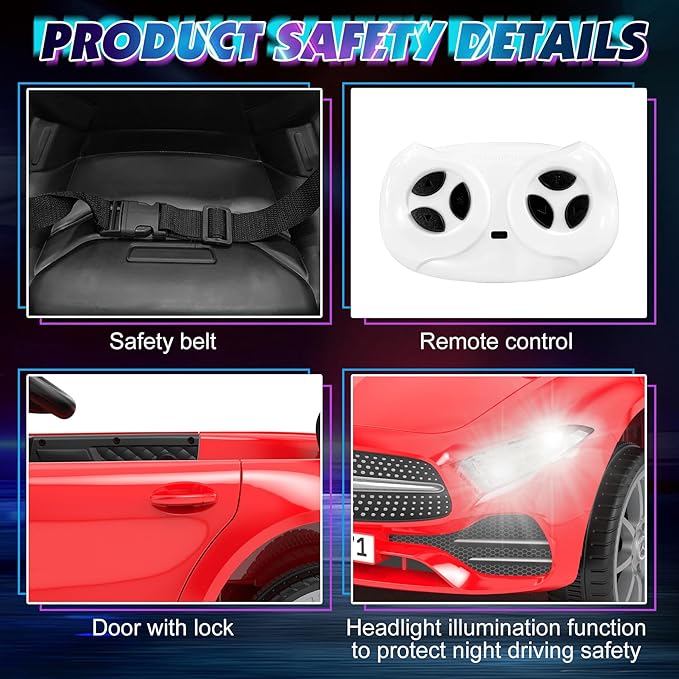 12V Kids Ride On Car with 2.4G Remote Control,Battery Powered Electric Car Ride On Vehicle Double Doors, Safety Belt,LED Light (SC-Red)