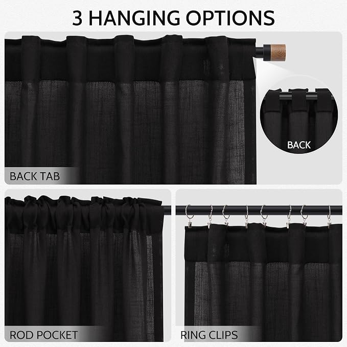 Vintage Black Linen Curtains 63 Inch Length for Living Room Light Filtering Semi Sheer Curtain Back Tab and Rod Pocket Privacy Luxury Gothic Vintage Decor Drapes for Bedroom Office 52x63, 2 Panels