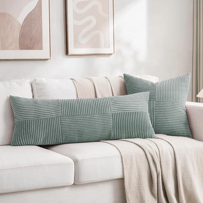 Fancy Homi 2 Packs Grey Blue Decorative Throw Pillow Covers 20x20 Inch for Couch Bed Sofa, Rustic Farmhouse Boho Home Decor, Soft Corss Corduroy Patchwork Accent Square Cushion Case 50x50 cm