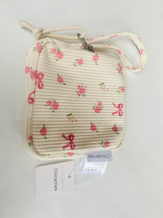 Small Makeup Bag | Discreet Period Bag Pad Pouch for Purse| Sanitary Napkin Storage & Tampon Holder for Travel Wallets and Handbags(Flower bow beige)
