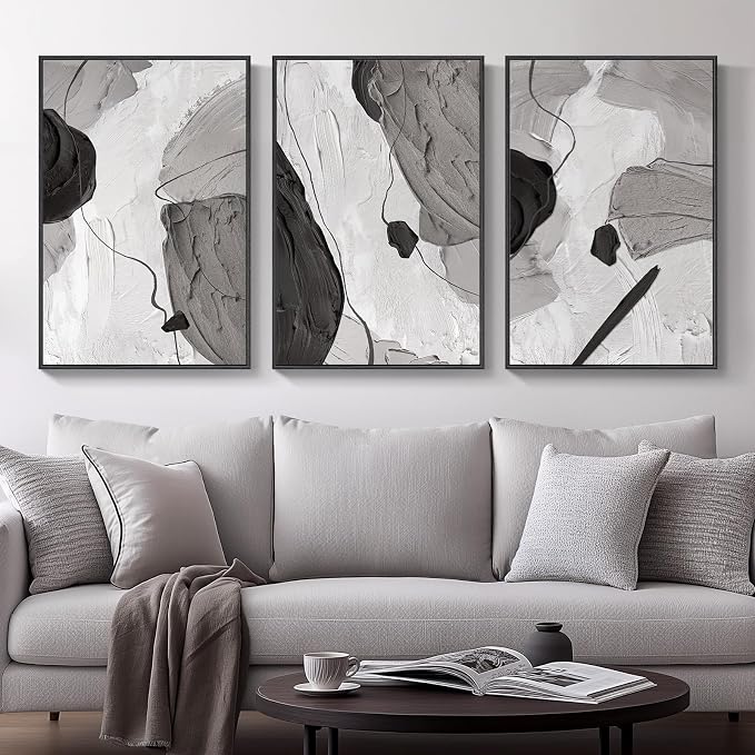 Large Framed Black and White Gray Abstract Wall Art, Set of 3 Piece Modern Canvas Prints Paintings Artwork for Walls, Minimalist Pictures for Living Room Bedroom Dining Room Hallway Wall Decor 20x30 In