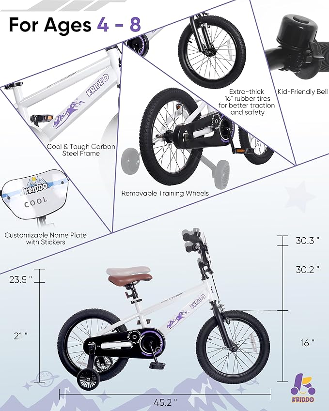 KRIDDO 14-16 Inch Kids Bike for Ages 3–8, Boys and Girls Bicycle with Removable Training Wheels, Bicycle for Kids with Hand Brake & Coaster Brake, Adjustable Height, DIY Name Plate