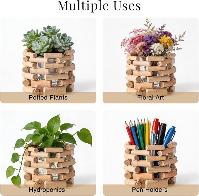 Solid Wood Openwork Vase - Farmhouse Tabletop Decor, with 3.5 Inch Borosilicate Glass Insert, Versatile Small Planter for Fresh Flowers, Dried Blooms & Hydroponic Plants
