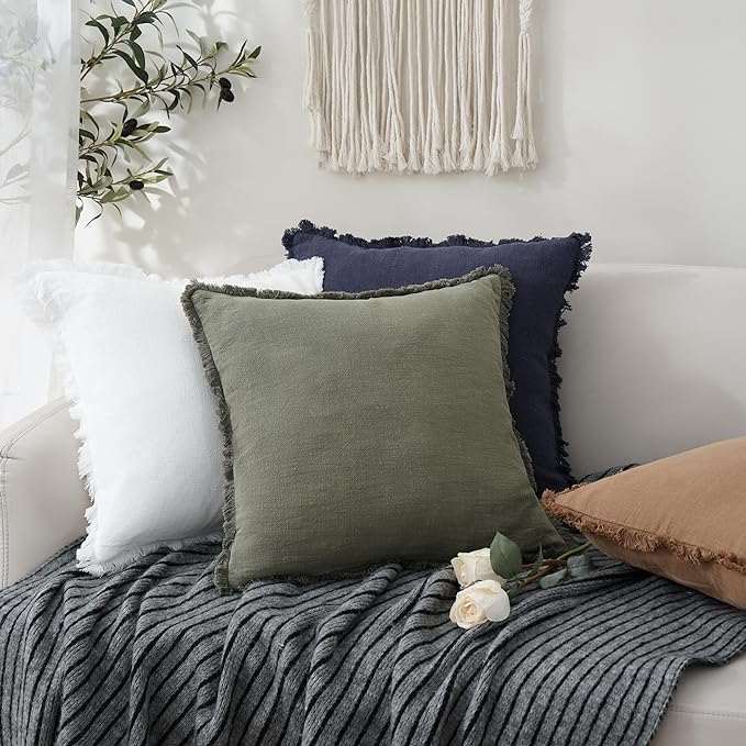 Foindtower Set of 2 Decorative Linen Fringe Throw Pillow Covers Cozy Boho Farmhouse Cushion Cover with Tassels Soft Accent Pillowcase for Couch Sofa Bed Living Room Home Decor, 16×16 Inch, Olive Green