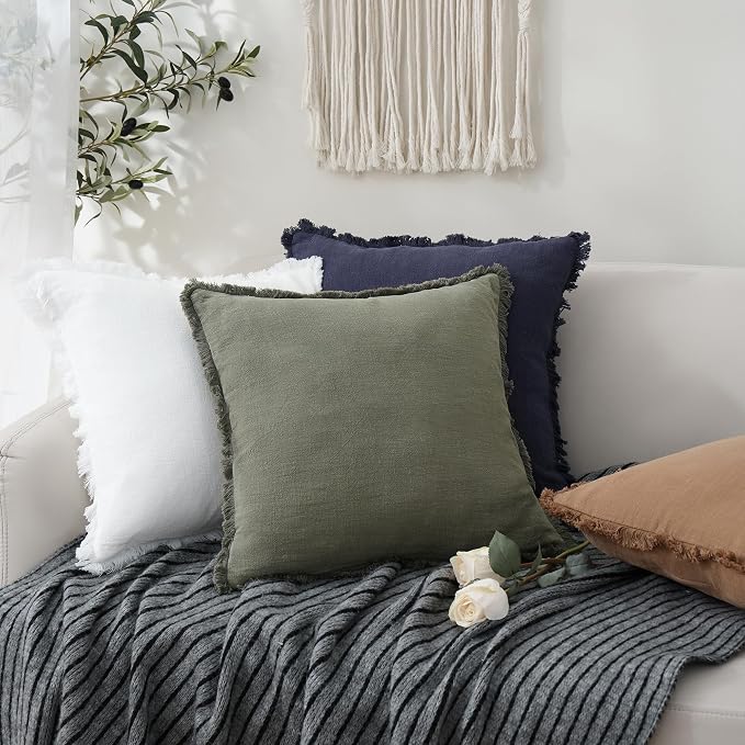 Foindtower Set of 2 Decorative Linen Fringe Throw Pillow Covers Cozy Boho Farmhouse Cushion Cover with Tassels Soft Accent Pillowcase for Couch Sofa Bed Living Room Home Decor, 24×24 Inch, Olive Green