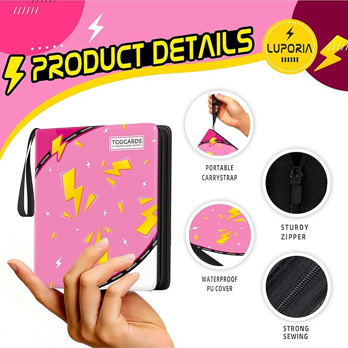 Trading Card Binder 9 Pocket,900 Pocket Card Collection Binder with 50 Removable Sleeves,PU Waterproof Top Card Book,3-Ring Zipper Collectible Trading Card Album for MTG/TCG/Card Holder Gift（Pink）