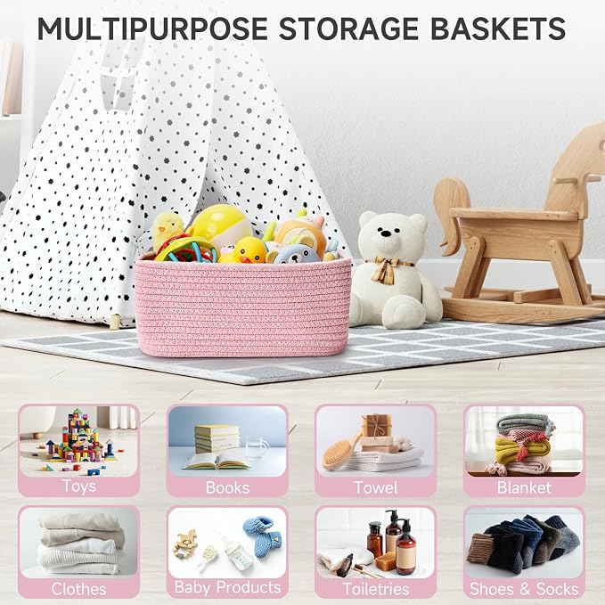 3 Pack Small Storage Baskets for Organizing, 11.8×7.8×5.1", Mixed Pink | Woven Baskets for shelves, Cotton Rope Basket for Gifts Empty, Closet Organizer Bins with Handles, Cube Decorative Box