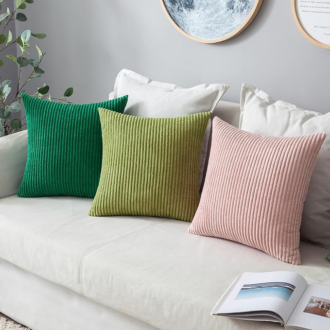 MIULEE Decorative Corduroy Throw Pillow Covers Set of 2 18x18 Grass Green | Soft Striped Textured Cushion Cases, Boho Natural Greenery Pillowcases for Home Decor, for Couch Chair Sofa Bed Living Room