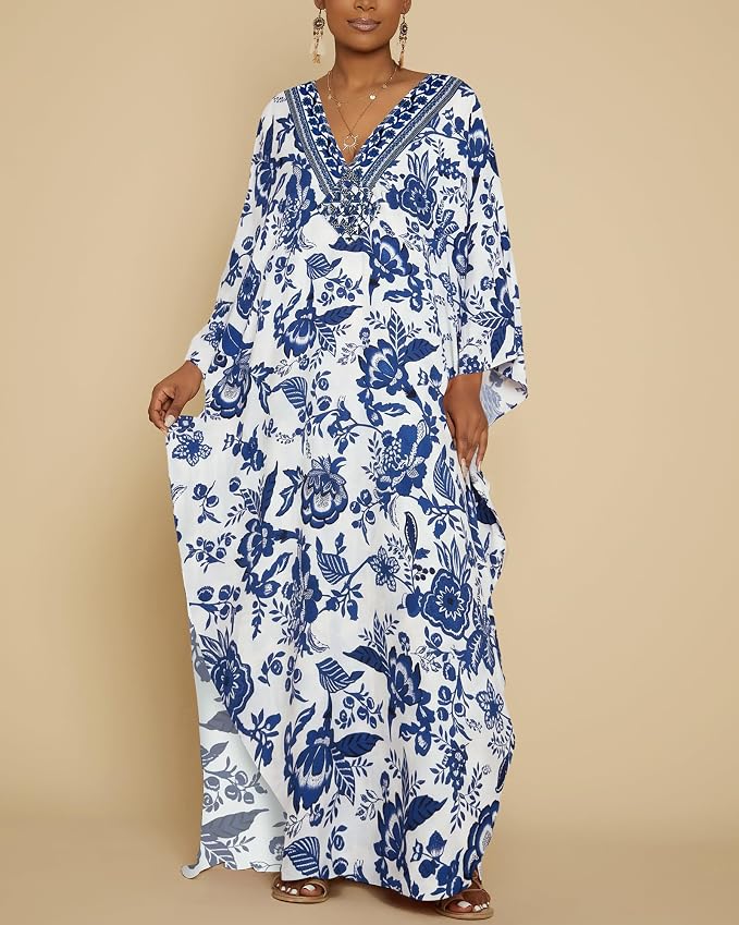 Bsubseach Kaftan Dresses for Women Floral Print Plus Size Beach Cover Up | Lightweight V Neck Loose Fit Boho Dress, Batwing Sleeve Side Slit, Moo Moos for Women Home Loungwear Cruise Resort Wear