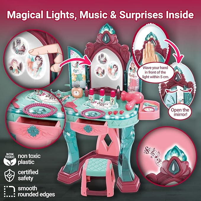 OLEOCA Toddler Vanity Table for Girls — Princess Makeup Playset with Light & Sound Mirror, Magic Sensor, Stool & Accessories, Pretend Beauty Toy for Ages 3+