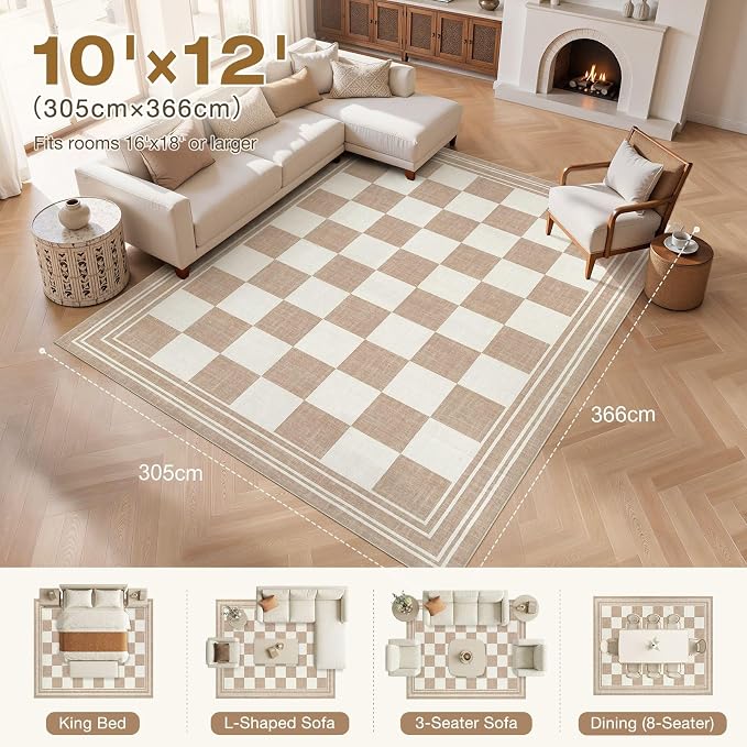 cotiled Washable Area Rugs 10x12 Living Room | Non Slip Backing, Stain Resistant, Pet Friendly, Large Neutral Soft Indoor Carpet For Bedroom, Nursery, Office, Khaki/Brown