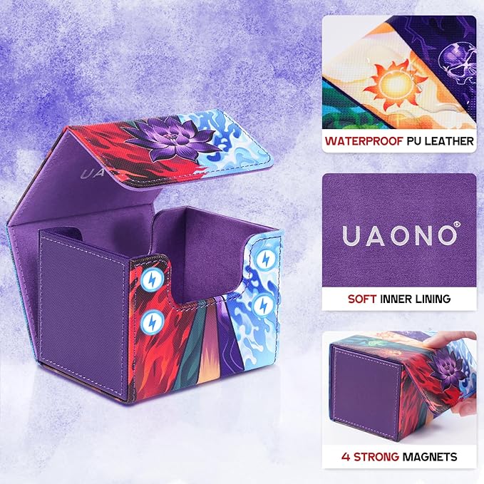 UAONO Card Deck Box for MTG, Trading Cards Storage Box Holds 120+ Sleeved Commander Deck, PU Leather Card Box Suits TCG Magic with 2 Dividers (Black,Lotus)
