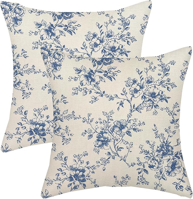 Blue and Cream Flower Pillow Covers 18x18 Set of 2 Chinoiserie Floral Decorative Throw Pillows Vintage Toile Flower Pillowcase Linen Outdoor Farmhouse Cushion Cover for Couch Sofa Decor