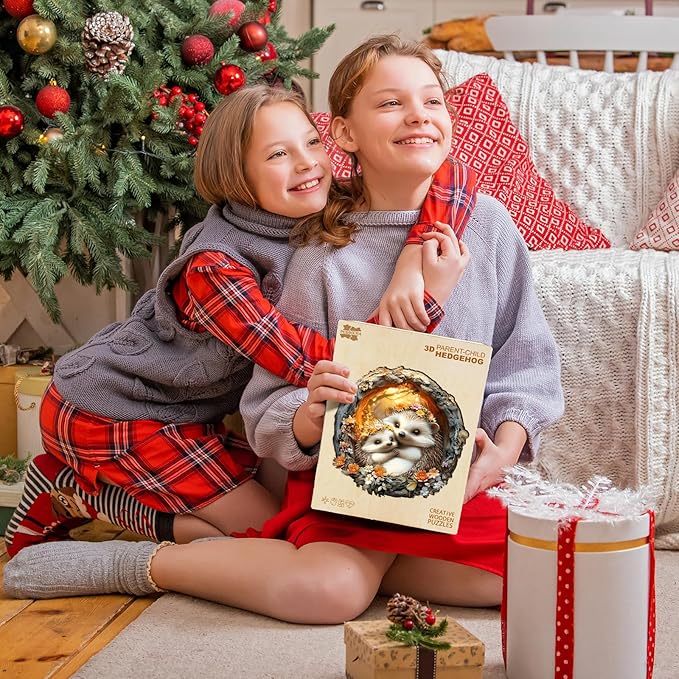 Wooden Puzzles for Adults - Parent-Child Hedgehog Wooden Jigsaw Puzzle, Unique Animal Shaped Wood Puzzles Adult, Christmas Birthday Gifts for Friends/Family, Home Decor 11.4 * 11.4in 200pcs