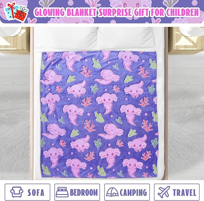 Axolotl Gifts Glow in The Dark Blanket for Girls Salamander Toys Kids Cute Animals Fish Throw Blankets Soft Fleece Blanket Room Decor 50 "X 60"