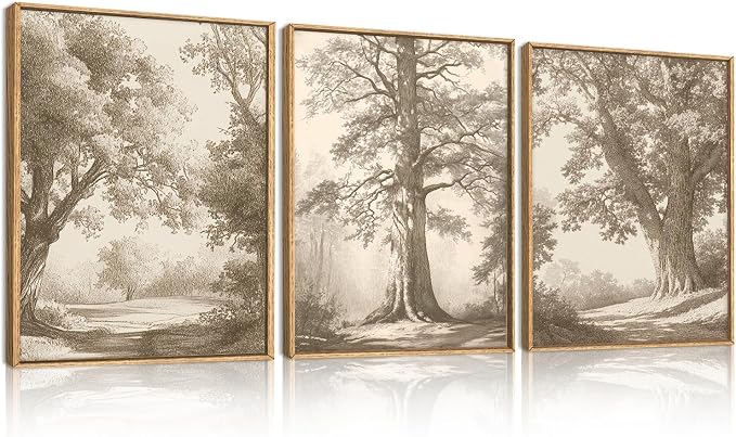 Vintage Tree Canvas Wall Art Framed Rustic Tree Landscape Sketch Antique Painting Neutral Forest Wall Decor 16x12 Inch Farmhouse Botanical Set of 3 for Living Room Bedroom