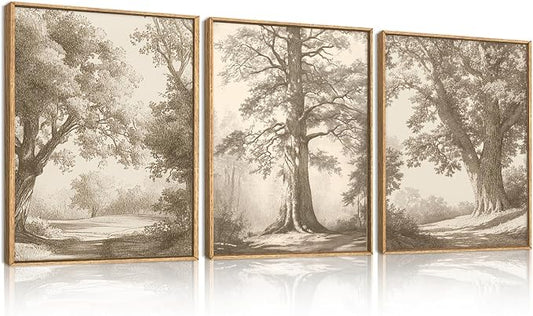 Vintage Tree Canvas Wall Art Framed Rustic Tree Landscape Sketch Antique Painting Neutral Forest Wall Decor 16x12 Inch Farmhouse Botanical Set of 3 for Living Room Bedroom