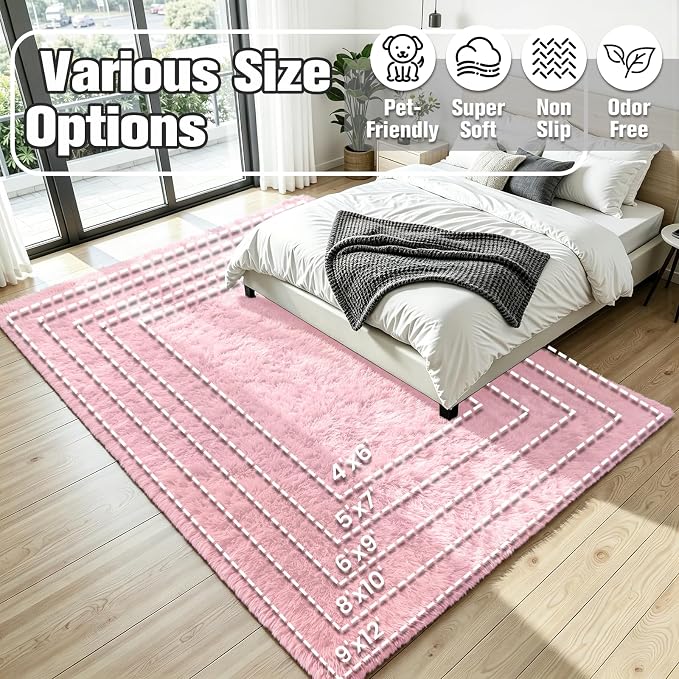 5x7 Area Rug for Living Room, Ultra Soft Fluffy Pink Rugs for Bedroom, Non Slip Large Shag Carpet, Fuzzy Plush Nursery Rug, Thick Washable Indoor Floor Carpets for Kids Office Dorm Home Decor