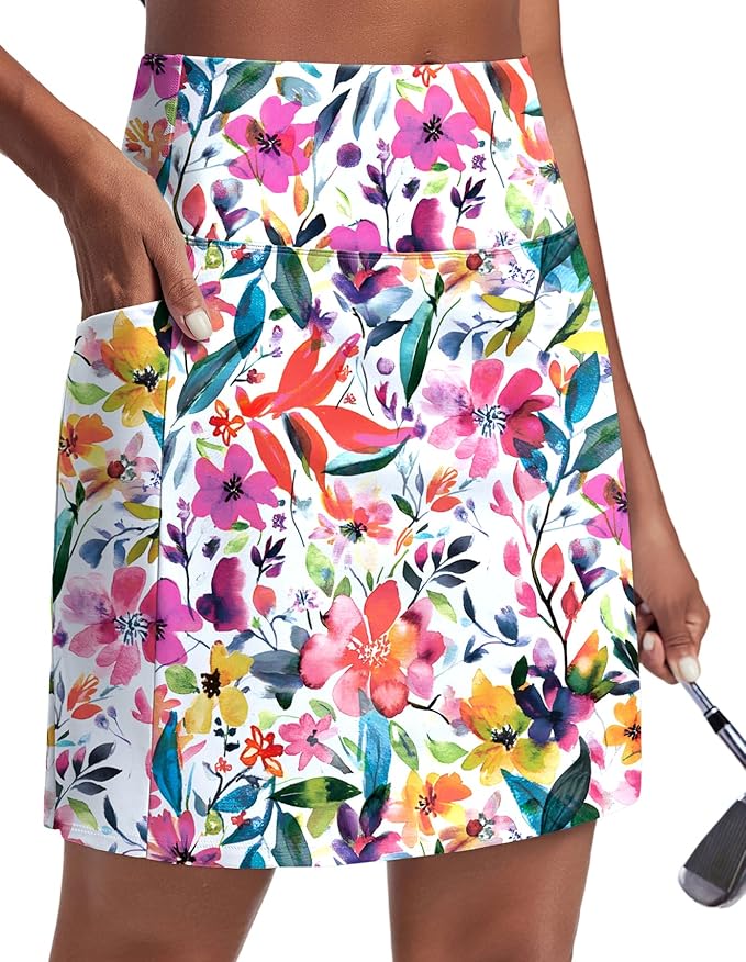 PINSPARK 19" Knee Length Skorts for Woman with Pockets UPF 50+ Golf Skirts | 4 Pockets, Built-in Shorts, High Waisted & Tummy Control, Moisture-wicking for Golf Athletic Tennis Workout Casual