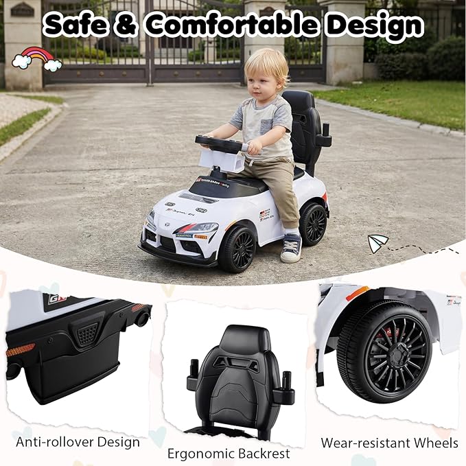Costzon Push Car for Toddlers, 3 in 1 Toyota Licensed Stroller Sliding Walking Car w/Handle, Music, Safety Guardrail, Under-Seat Storage, Foot-to-Floor Kids Ride On Toys for Boys Girls (White)