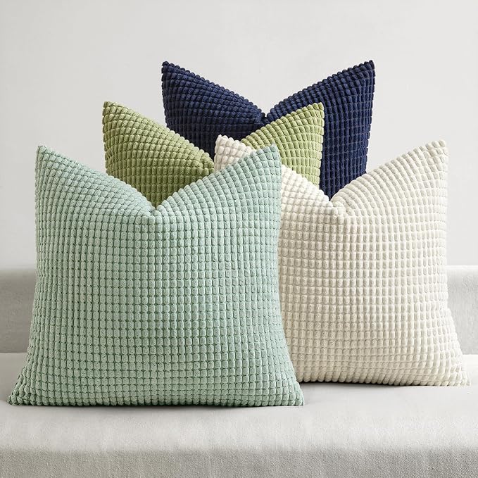 MIULEE Farmhouse Decorative Pillow Covers 18x18 Inch Set of 4 Muted Teal | Modern Natural Rustic Throw Pillows, Neutral Warm Soft Corduroy Couch Pillowcases, Home Decor for Sofa Living Room Bed