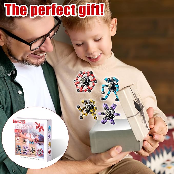 Transformable Fidget Spinners Toys for Adults Kids, 4 Pcs Sensory Toys for Teens with Autism Anxiety Stress Relief Gifts, Durable Robot Fingertip Gyros for Party Favors Stocking Stuffers Treasure Box