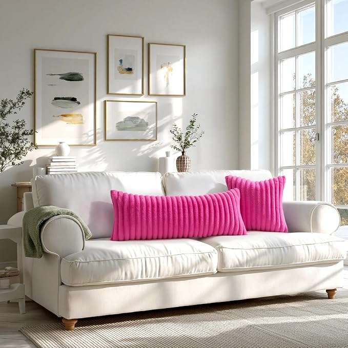 MIULEE Faux Fur Decorative Throw Pillow Covers 18x18 Set of 2 Hot Pink | Retro Vintage Boho Soft Plush Couch Pillows, Cozy Fluffy Cushion Covers for Sofa Bed Living Room Home Decor