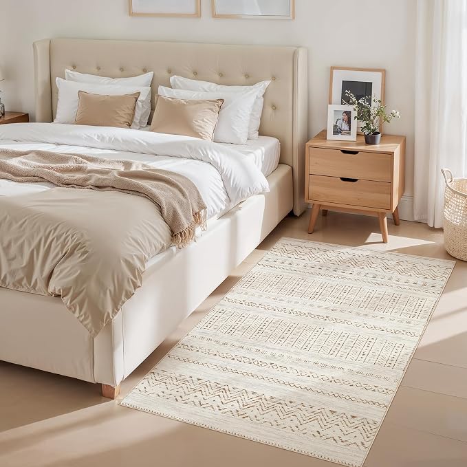cotiled 3x5 Area Rugs Living Room Rug: Washable Boho Rugs with Non Slip Backing Small Soft Indoor Stain Resistant Carpet for Bedroom Farmhouse Dining Room Lightweight Home Decor Brown/Cream