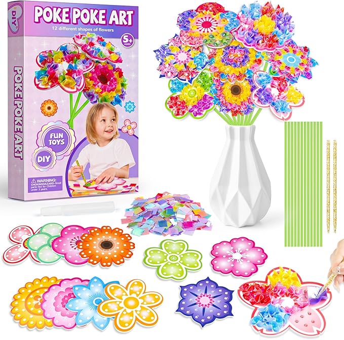 RIEYON Poke Poke Art - Flower Bouquet Kits for Kids, 12 Flowers Art and Craft DIY Creative Activity Crafts Kits, Mess-Free Fun for Kids, Birthday Christmas Gifts for Girls & Boys Ages 5, 6, 7, 8, 9,10