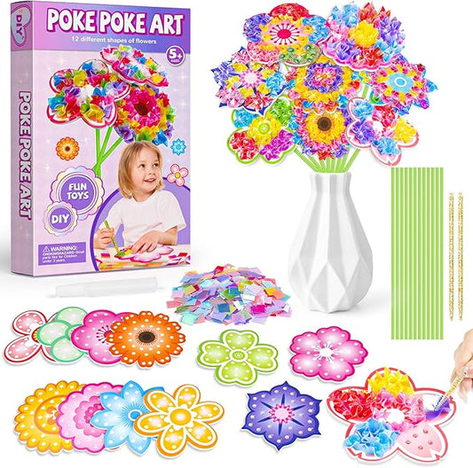 RIEYON Poke Poke Art - Flower Bouquet Kits for Kids, 12 Flowers Art and Craft DIY Creative Activity Crafts Kits, Mess-Free Fun for Kids, Birthday Christmas Gifts for Girls & Boys Ages 5, 6, 7, 8, 9,10