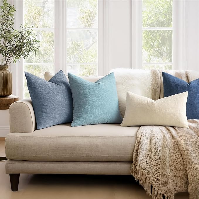 MIULEE Smoke Blue Chenille Couch Euro Throw Pillow Covers, 22x22 | Set of 2, Soft Coastal Home Decor, Modern Farmhouse Decorative Pillowcases for Sofa Living Room Bed