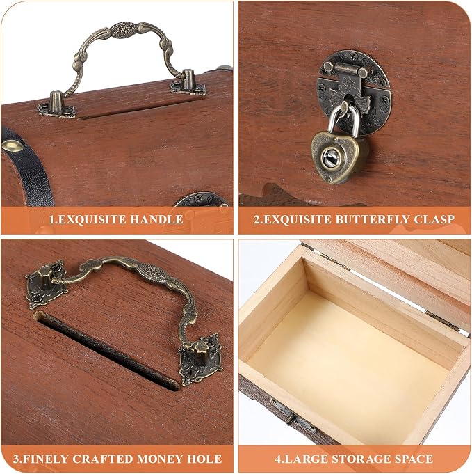 Toyvian Vintage Wooden Pirate Treasure Chest, Antique Jewelry Keepsake Organizer Box with Lock Decorative Storage Trunk for Necklaces Earrings Rings Trinkets Unique Gift for Women Men