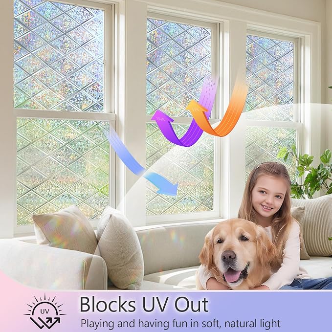 KESPEN Stained Glass Window Film Decorative Rainbow Privacy Window Film Anti UV Static Cling Glass Stickers for Home, 29.5 Inch X 6.5 Feet