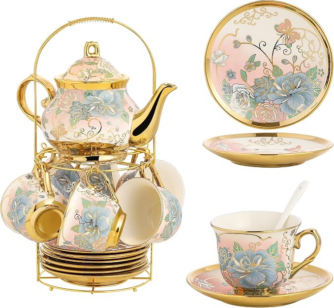 20 Pieces Porcelain Tea Set With Metal Holder, European Ceramic tea set for adults,Flower Tea Set,Tea Set For Women With Flower Painting (VIVID YELLOW, Largr Vision)
