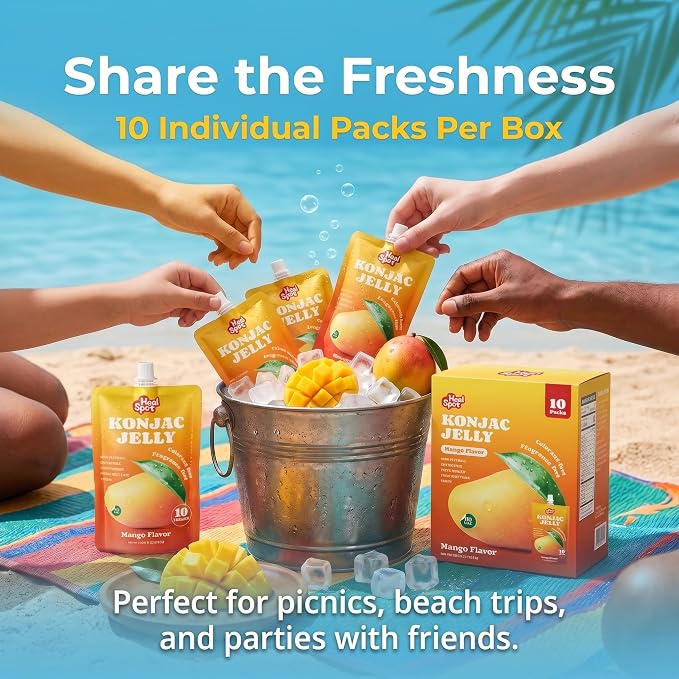 Healspot Real Fruit Juice Snacks Konjac Jelly with Collagen Peptides and Vitamin C, No Artificial Sweetener, Low Calories|Gluten Free|Keto Friendly, Healthy Korean Snacks 10 Pouches Mango Flavor
