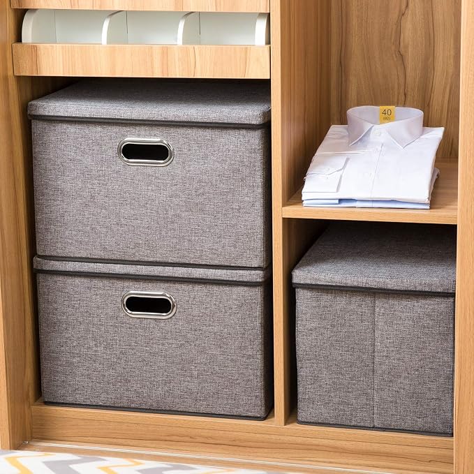 Large Collapsible Storage Containers with Lids [5-Pack] Linen Fabric Foldable Storage Bins Boxes Organizer Baskets Cube with Cover for Home Bedroom Closet Office Nursery (17.7x11.8x11.8)