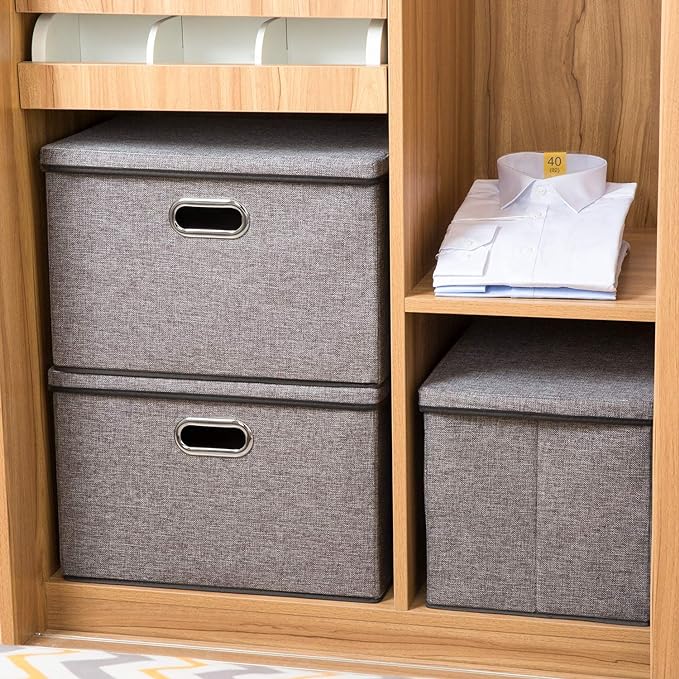 Large Collapsible Storage Bins with Lids [3-Pack] Linen/Cotton Blend Foldable Storage Boxes Organizer Containers Baskets Cube with Cover for Home Bedroom Closet Office Nursery(17.7x11.8x11.8)
