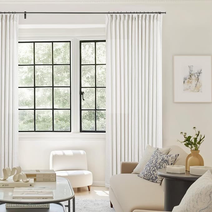 Pinch Pleated Linen Curtains 112 Inches Long for Living Room Bedroom Light Filtering Boho Window Drape 112 inch 2 Panels with Hooks Ring Beige White Ivory Sliding Glass Door Semi Sheer Curtain