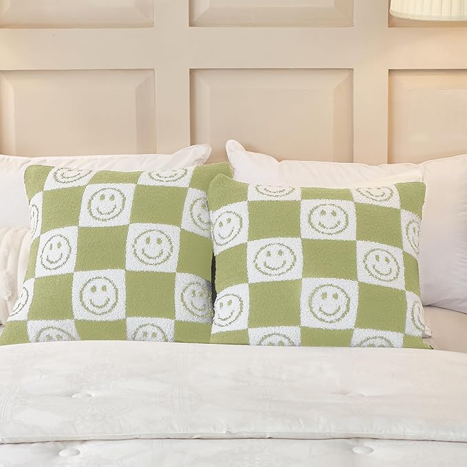 Pack of 2 Ultra Soft Cozy Happy Smiling Face Checkered Knitted Throw Pillow Cover Fluffy Microfiber pillocase Decorative for Sofa Bed 18 Inches Both Sides (Green)