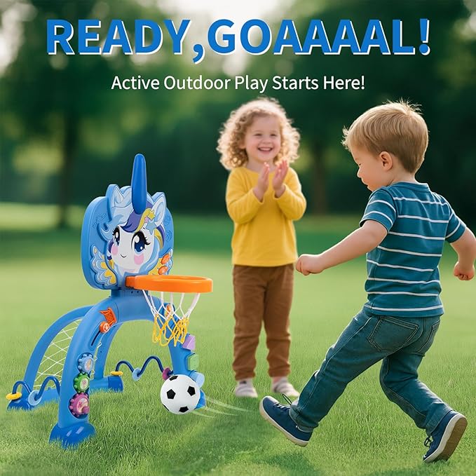 Unicorn Sports Play Set for Toddlers – Blue Basketball Hoop & Soccer Goal with Ring Toss | Indoor Outdoor Activity Center Toy for 1-3 Year Old Boys Girls | Birthday Gift Idea