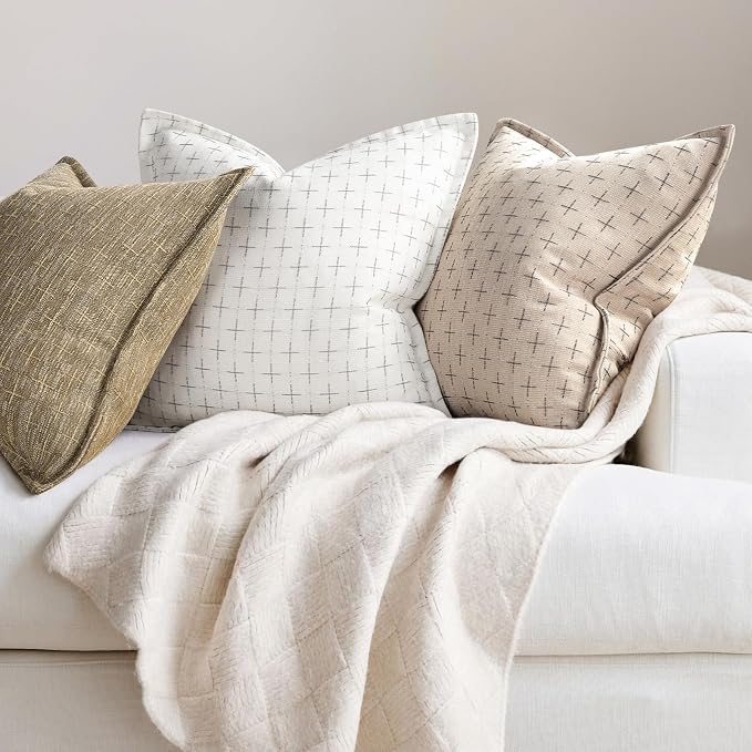 Pillow Covers 20x20 Set of 2 Soft Polyester Textured Pillow Covers with Stylish Flange Edge Cozy Farmhouse Throw Pillows for Couch Bed Sofa Living Room