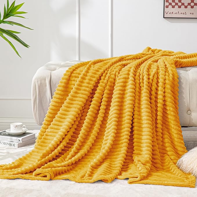BEDELITE Ribbed Mustard Yellow Fleece Throw Blanket for Couch, 50x60 Inch | Soft Warm Decorative Fluffy Blanket, Cozy Plush Lightweight Fuzzy Throw Blanket for Bed Sofa Home Room Decor, Gift for Women