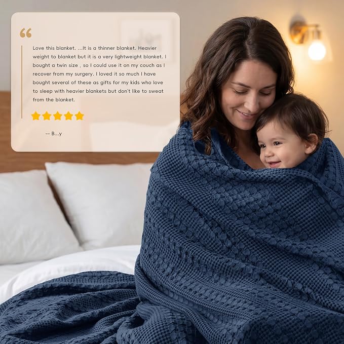 PHF 100% Cotton Waffle Weave Throw Blanket, Lightweight Breathable Summer Blanket for Couch Sofa, Pre-Washed Soft Throws for Bed, Office, Travel & Stylish Home Decor, 50"x60", Bright Navy