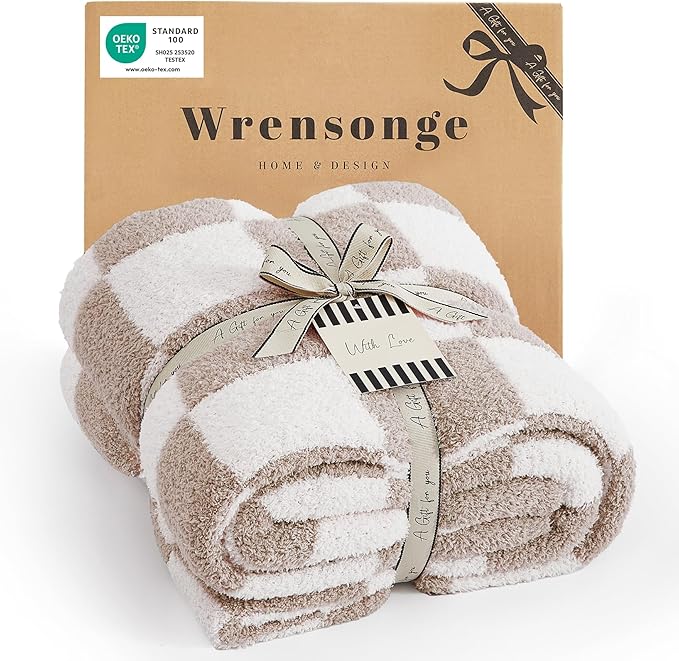Soft Checkered Throw Blanket for Couch-Cozy Warm Knitted Blankets | Lightweight Warm Fluffy Decor for Women, Mom, Her & Girls, Sofa, Chair, Bed, 50x70in, Taupe