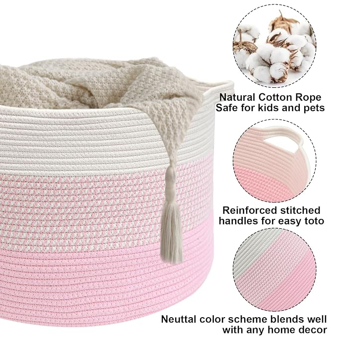 90L Extra Large Blanket Basket,Woven Rope Laundry Basket-Mixed Pink | Collapsible, reinforced handles, nursery storage bin organizes clothes, toys and pillows for living room, bedroom bathroom