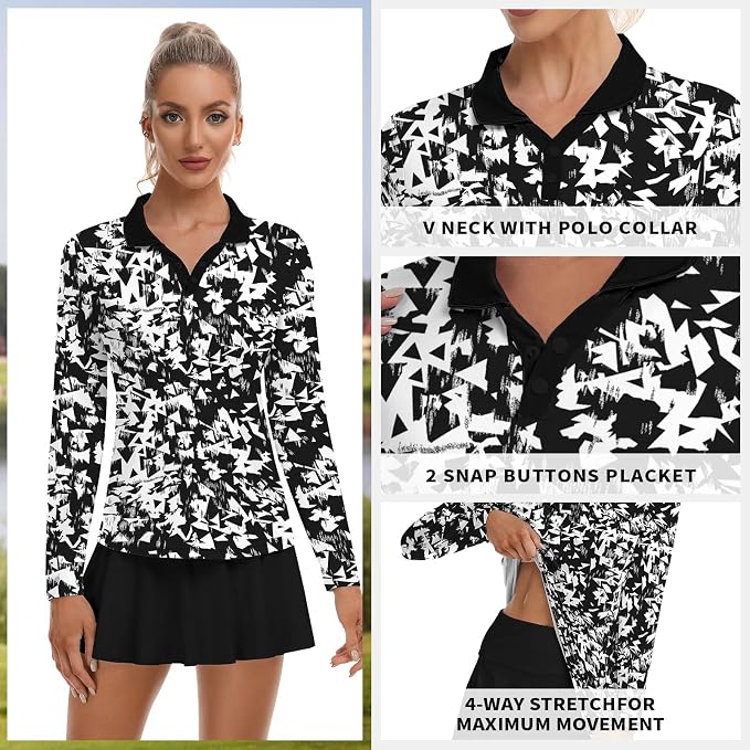 Soneven Womens Golf Shirts Moisture Wicking V Neck Long Sleeve Polo Shirts Collared Tops