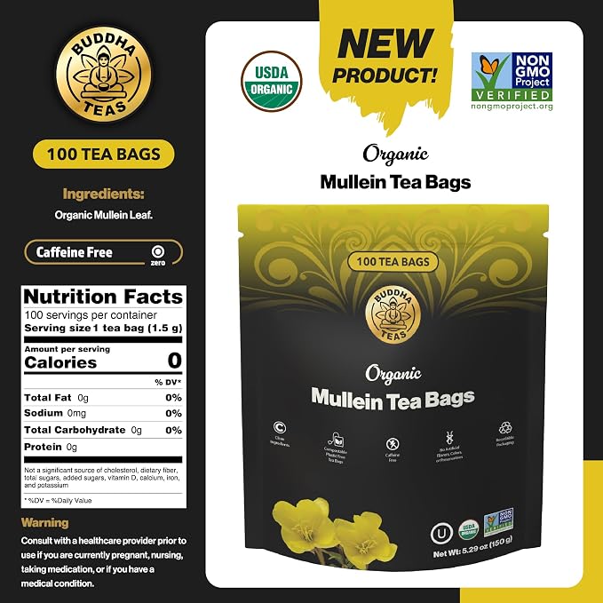 Buddha Teas - Organic Mullein Leaf Tea Bags - For Health & Wellbeing - With Antioxidants & Minerals - Clean Ingredients - Caffeine Free - OU Kosher & Non-GMO - 100 Non-String Tea Bags (Pack of 1)