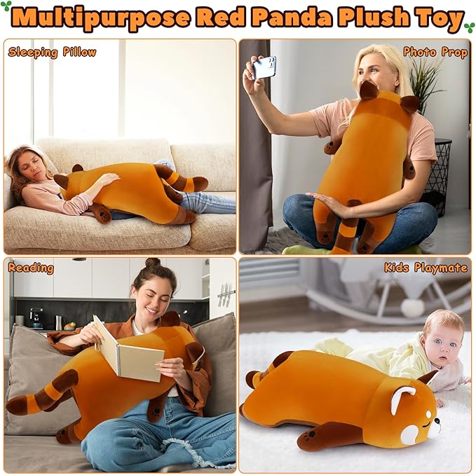 Auspicious beginning 30'' Giant Red Panda Plush Stuffed Animal - Large Sleeping Plush Toy Pillow, Cute Hugging Plushie, Room Decor, Christmas Birthday Gifts for Kids Girls Boys
