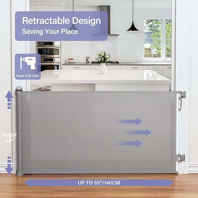 Retractable Baby Gates Extra Wide, PRObebi Retractable Dog Gate for the House Extends to 54" Wide 34" Tall, Gates for Baby Indoor, Stair Gate for Outdoor, Staris, Hallways, Doorways, Deck, Porch